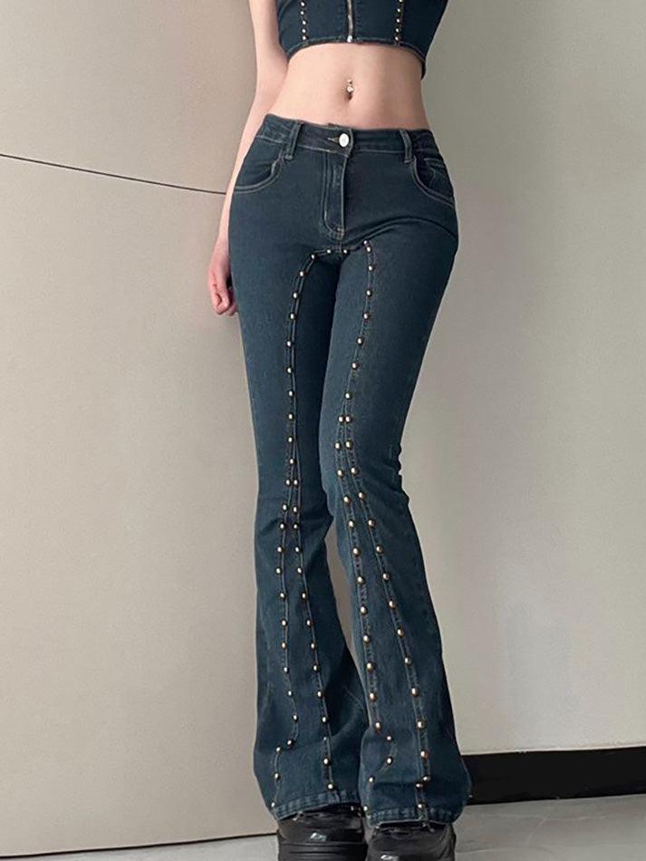 Aiertu  Low Rise Studded Slim-Fit Washed Boot-Cut Jeans Aiertu