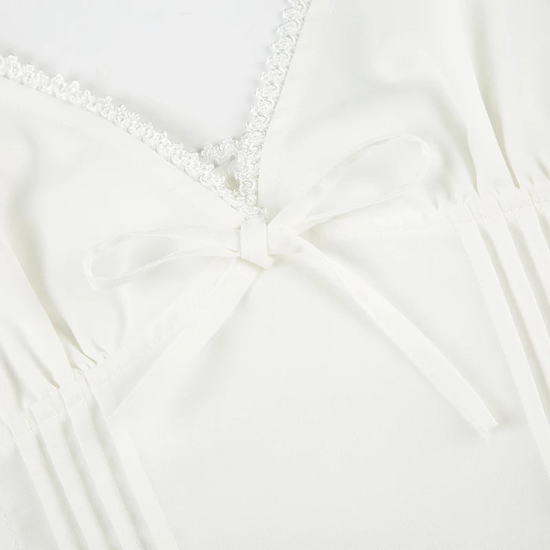 Aiertu  -  Solid Fold Texture Bow Sexy Camisole Deep V-neck Casual Streetwear All-match White Summer Top Chic Vintage Vest Aiertu