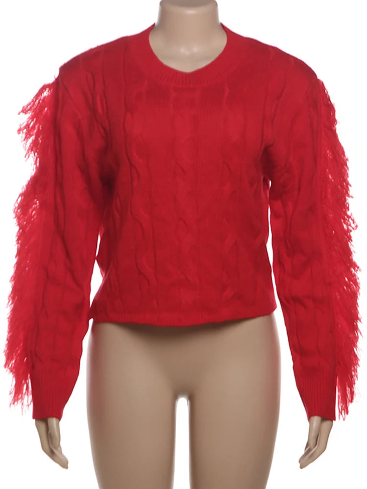 Aiertu  -  Splice Tassel Short Knitted Top Female Solid Slim Fit Long Sleeves Fashion Pullover Sweater Women's Autumn Winter Casual Aiertu