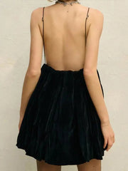 Aiertu  -  Elegant Velvet Backless Women Dresses Pleated Solid Sling Female Dress 2024 Winter Christmas Sleeveless A-line Evening Lady Robe Aiertu
