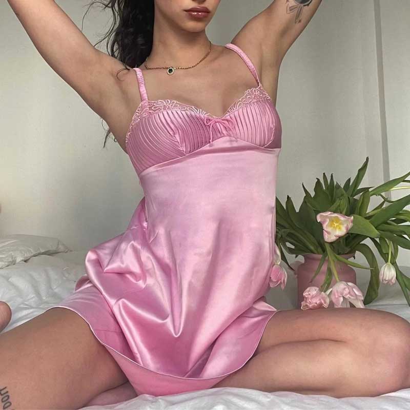 Aiertu  pink satin slip dress women pinktuck details mini sexy women dress hollow out back chic ladies dress summer party Aiertu