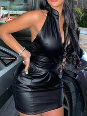 Aiertu Sexy PU Leather V Neck Low-cut Girdling Waist Slim Bodycon Dress Women Sleeveless Backless Skinny Evening Dress Club Party Aiertu