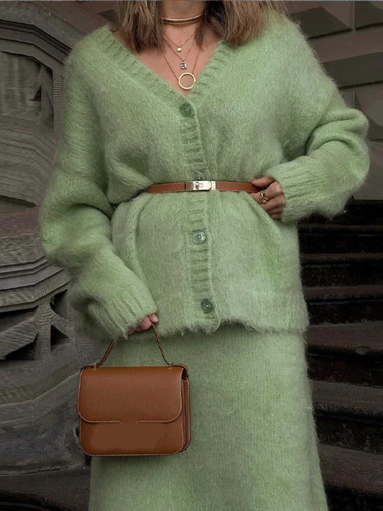 Aiertu  -  Elegant Knitted Solid Single Breasted Sweater Coat Skirt Suits Fashion V Neck Long Sleeves Cardigan Loose Commute Skirts Sets Aiertu