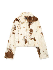 Aiertu  -  Women Autumn Casual Faux Fur Lapel Crop Jacket Fashion Cow Pattern Fuzzy Long Sleeve Coat Female Chic Zipper Outerwear Aiertu