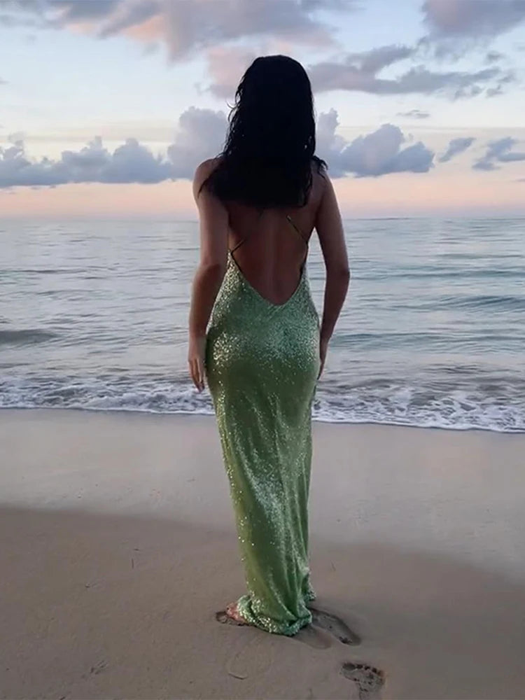Aiertu  -  Sexy Deep V-neck Sequin Dress Women Sling Sleeveless Backless Slim Hip Package Long Dresses Female 2025 Spring Summer Lady Gown Aiertu