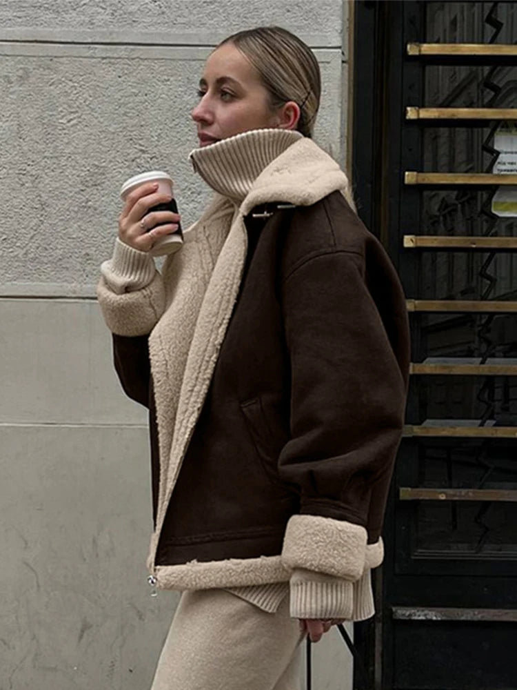 Aiertu  -  Vintage Plush Suede Zipper Jackets Women Casual Loose Lapel Brown Jacket Coats With Pockets Female Winter Warm Street Outwear Aiertu