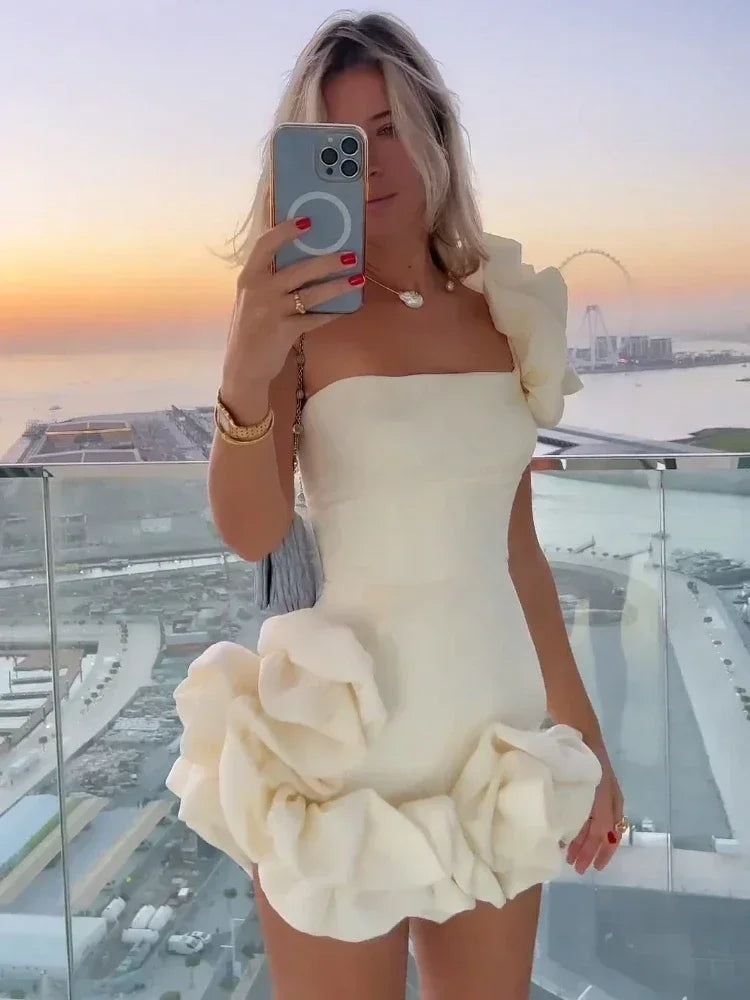 Aiertu Elegant White Mini Dresses 3D Flower Luxury One Shoulder Sleeveless Pleated Cocktail Party Evening Bodycon Dress Female Aiertu