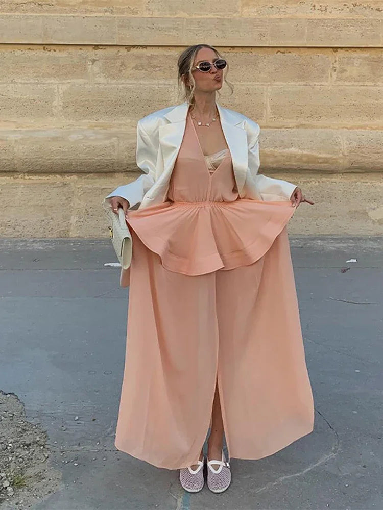 Aiertu  -  Elegant Ruffles Patchwork Pleated Long Dress Women V-neck A-line Long Sleeve Puffy Dresses 2025 Summer Street Vacation Lady Robe Aiertu