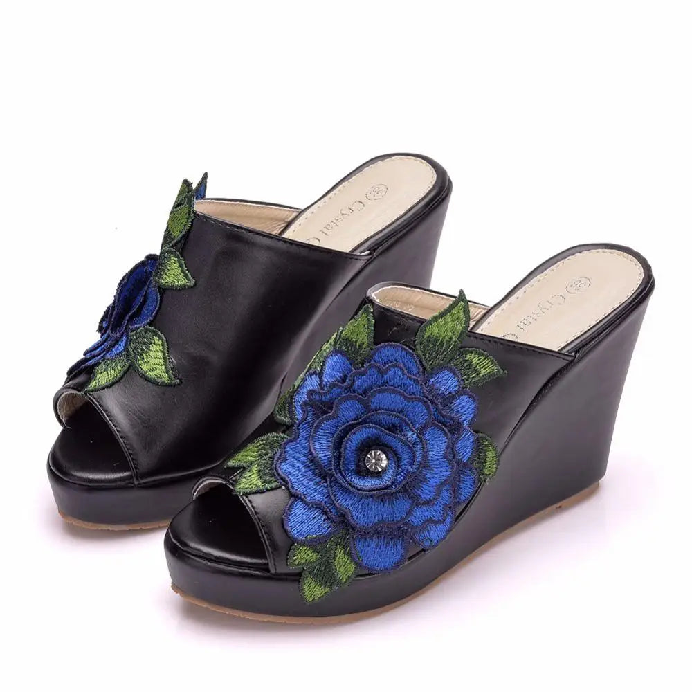 Aiertu  -  Queen Black White Peep Toe Platform Wedges Sandals Wedges High Heels Slippers Beach Sandals For Women Lace Flower Aiertu