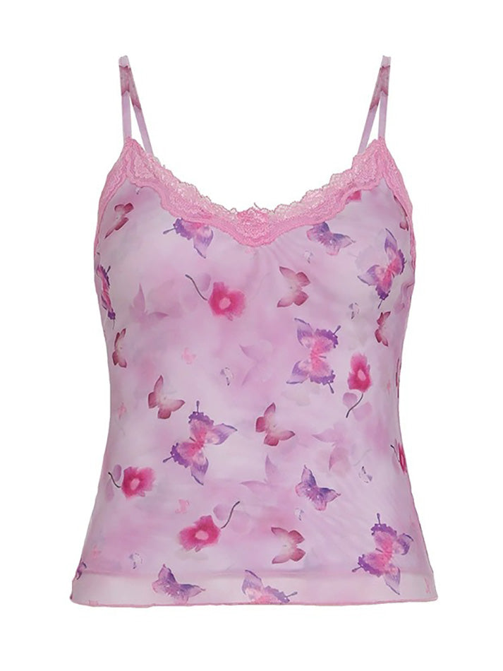 Aiertu  -Butterfly Print Lace Trim V-Neck Mesh Tank Top aiertu