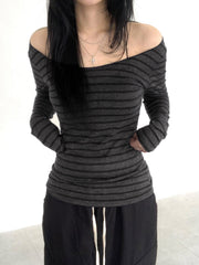 Aiertu - summer inspo Hot Japanese Basic Slim Long Sleeve Stripe Tee Off Shoulder O Neck Korean Street Style Spring Autumn Y2K Gray T Shirt Women Aiertu