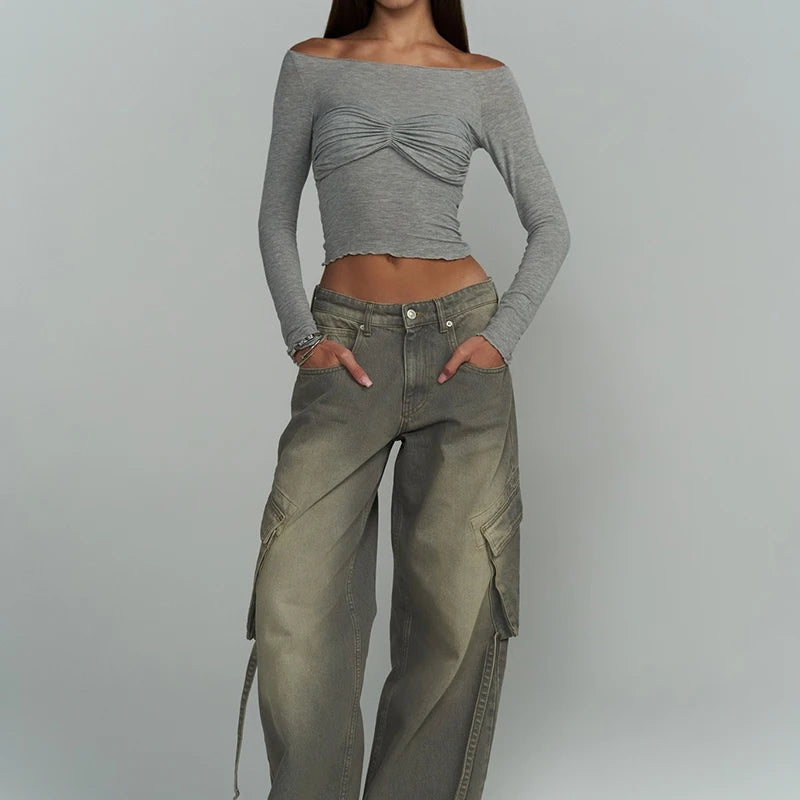 Aiertu  -  Fashion Casual Pockets Cargo Denim Jeans Streetwear Solid Straight Denim Pants Vintage Button Baggy Trousers All-match Bottom Aiertu