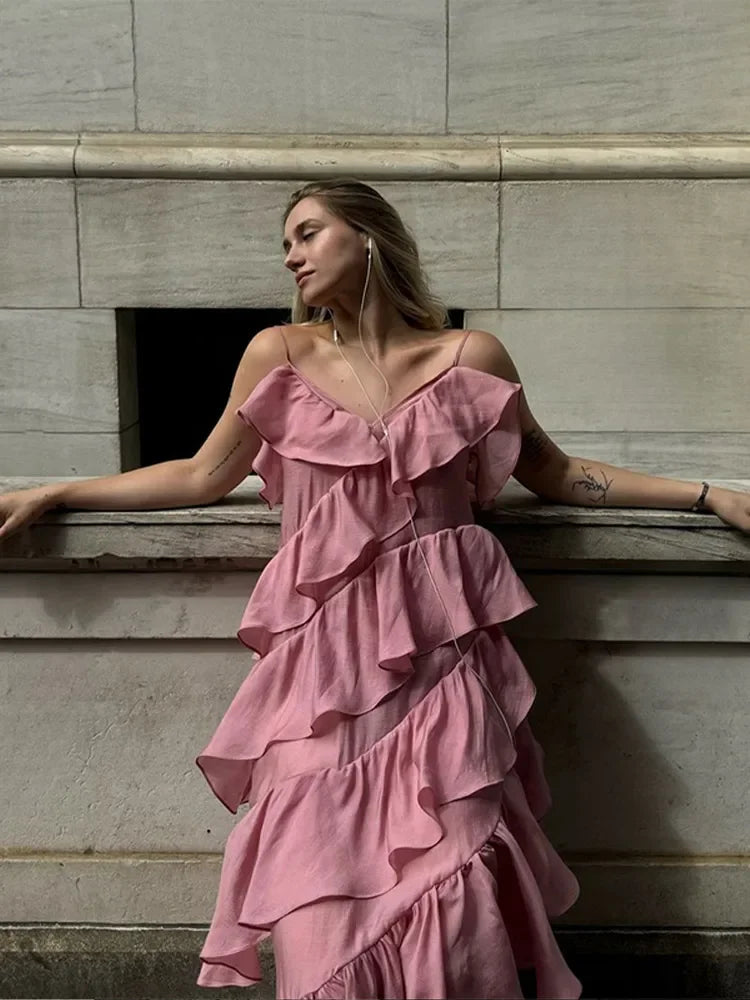 Aiertu  -  Layer Ruffles V Neck Pink Maxi Dress Women Elegant Backless Sleeveless Sling Long Dresses 2026 Chic Lady Party Street Vestidos Aiertu