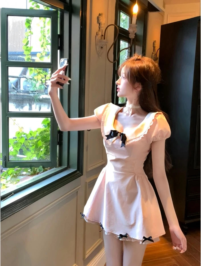 Aiertu  -  Elegant Short Sleeve Kawaii Mini Dress Women Casual 2000s Vintage Y2k Clothing Japanese Sweet Pink Dress Evening Party Chic Aiertu