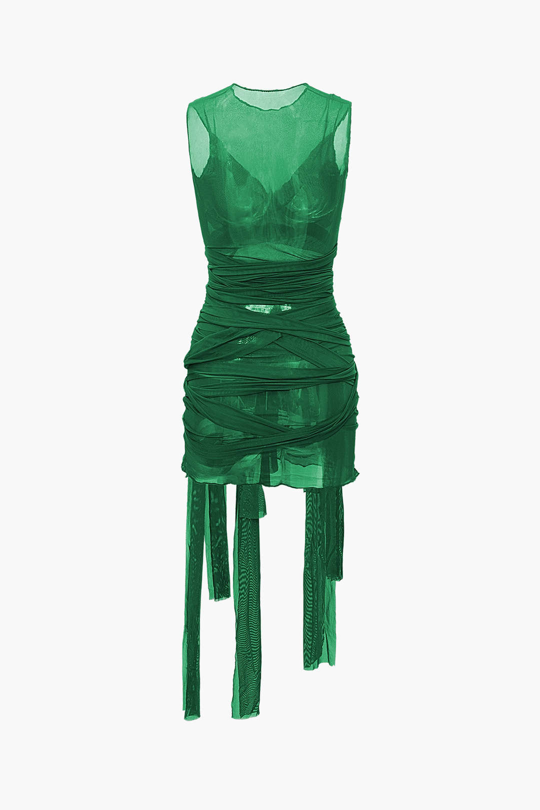 Aiertu  Sheer Mesh Wrap Tie Ribbon Mini Dress Aiertu