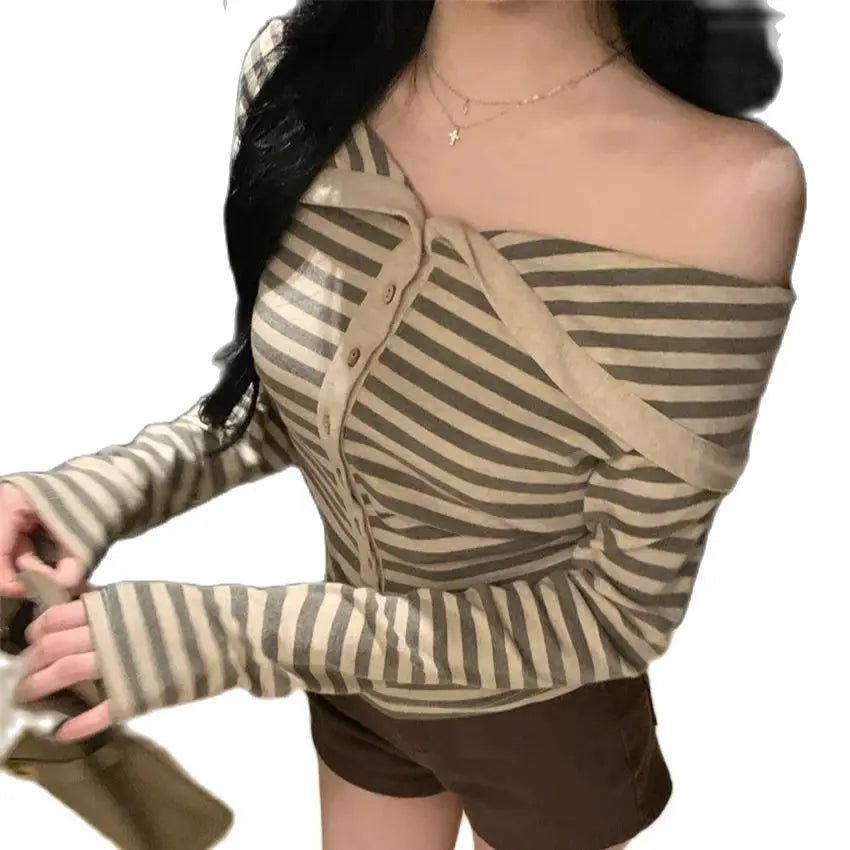Aiertu  -  Gentle Women T-Shirts Autumn Fashion Slim 2026 Casual Loose All Match Mujer Office Lady High Street Slash Neck Tees Aiertu