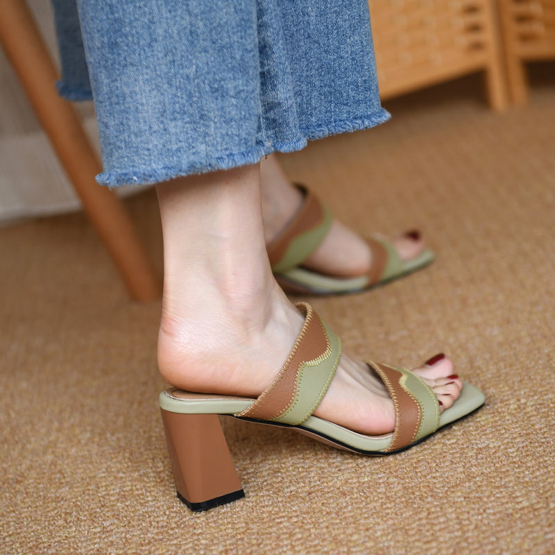 Aiertu  Slip On Sandals  Women's Summer Shoes French Style Ladies Embroidery Shoes Open Toe Sandals Cowhide Real Leather High Heels Aiertu