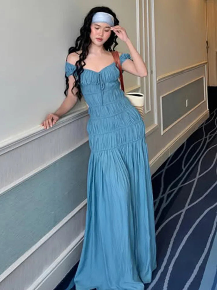 Aiertu  -  Sexy Deep V-neck Pleated Maxi Dress For Women Elegant Fashion Backless Slim Fit Solid Color Sexy Holiday Birthday Dress Aiertu