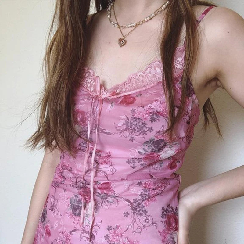 Aiertu  -  Sweety Floral Printed Lace Patchwork Strap Dress Women Summer Holiday With Frill Trim Sundress Y2K Aesthetic Slimming Aiertu