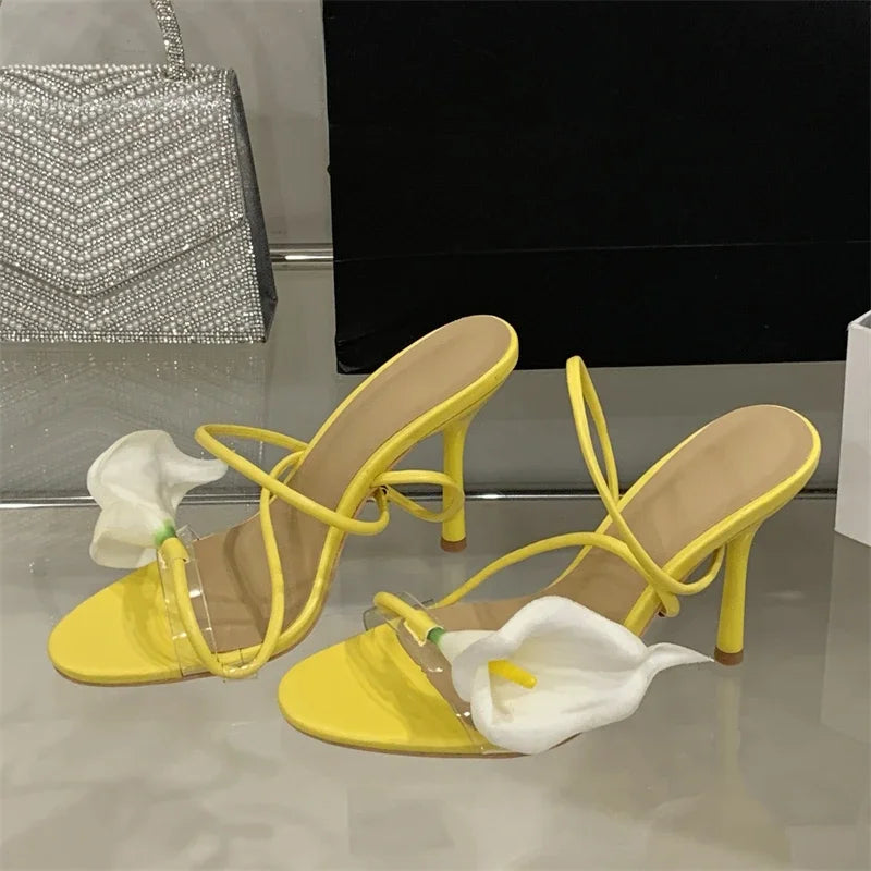 Aiertu  -   Sexy PVC Transparent Flower Narrow Band Women Sandals Street Style Open Toe Thin High Heels Party Prom Shoes Aiertu