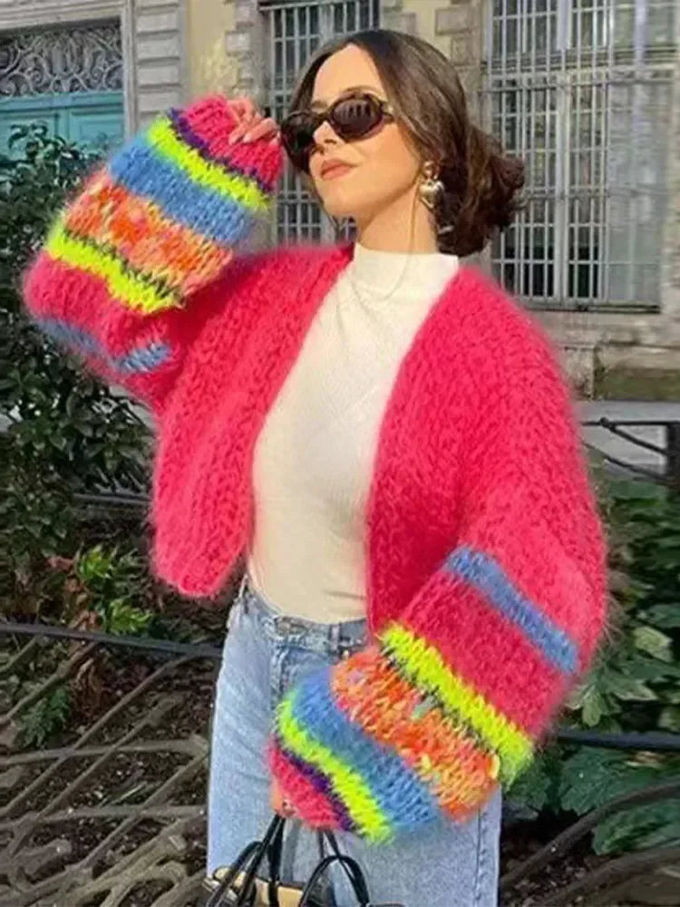 Aiertu  -  Women Rainbow Striped Loose Knitted Cardigans Fashion Long Sleeved Casual Cropped Sweaters Autumn Female Street Outwear 2026 Aiertu