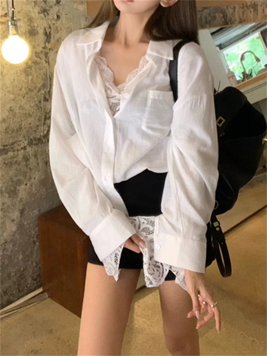 Aiertu  -  Fashion New Solid White Shirts With Lace Bottoming Tees Summer Women Gentle New 2026 Office Lady Daily Loose Mujer Slim Aiertu
