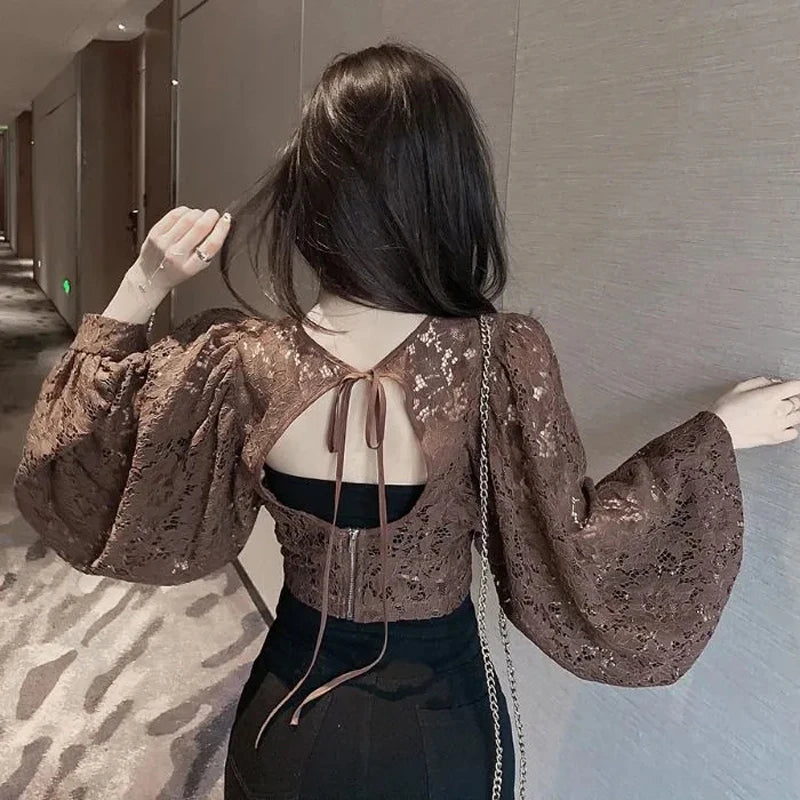 Spring Outfits Back To School Outfits Sexy Lace Hollow Out Blouse Women Summer V-Neck Puff Sleeve Backless Tops Casual Korean Slim Lace Up Solid White Crop Tops Aiertu