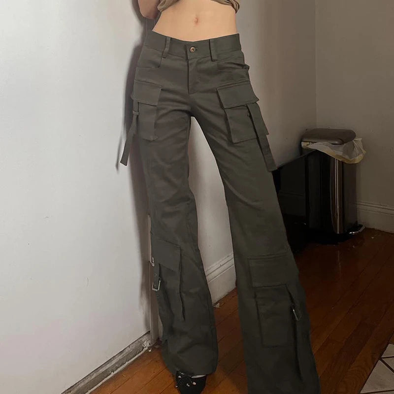Aiertu  -   Grunge Style Women Y2K Jeans Low Rise Pocket with Buckle Cargo Pants Vintage Stylish Denim Trouser Fashion Streetwear Aiertu