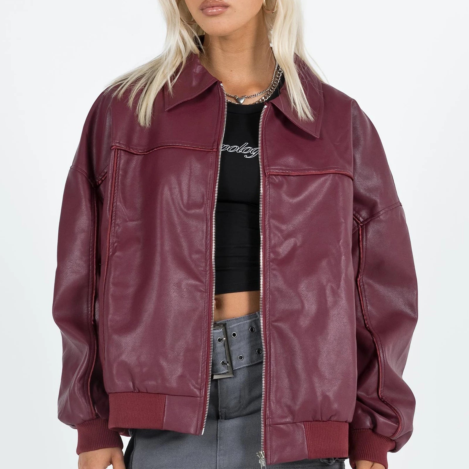 Aiertu  -  Women Y2k Oversized Faux Leather Jackets Lapel Collar Zip Up Motorcycle Coats Fall Fashion Leather Bomber Jacket Aiertu