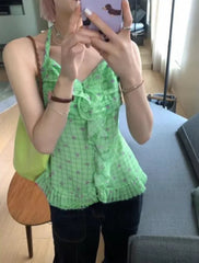 Aiertu  Sweet Plaid Flower Print Halter Tanks Bandage Pleated Slim Waist Tunic Tank Tops Y2k Aesthetic Casual Backless Women Camisoles Aiertu