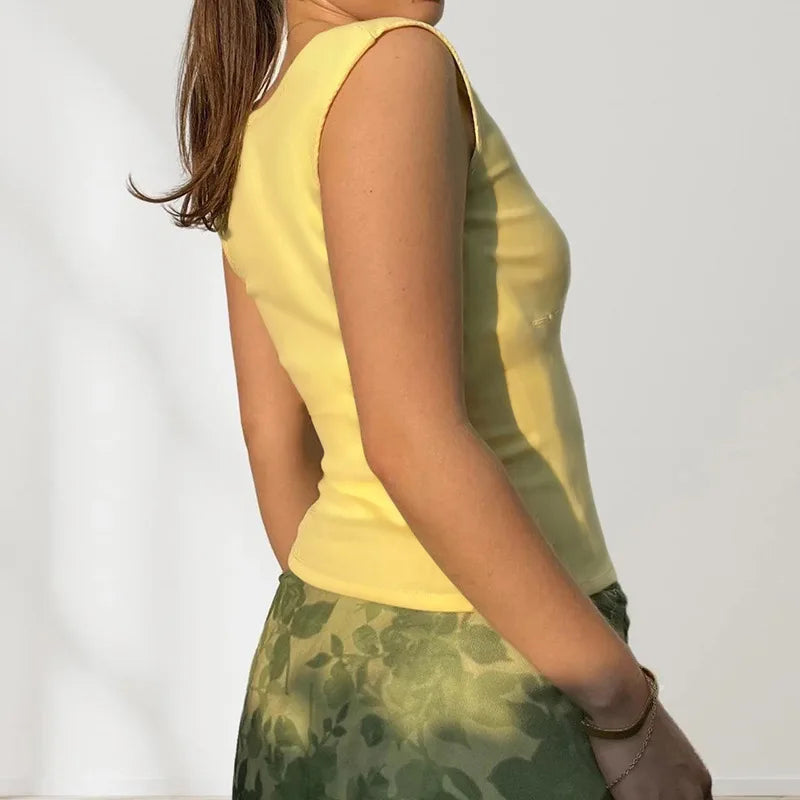 Aiertu  -  2 Pieces Set Yellow Sleeveless Crop Top and Floral Mesh Long Skirt Coords Sets Woman Vacation Summer Outfits P84-DI29 Aiertu