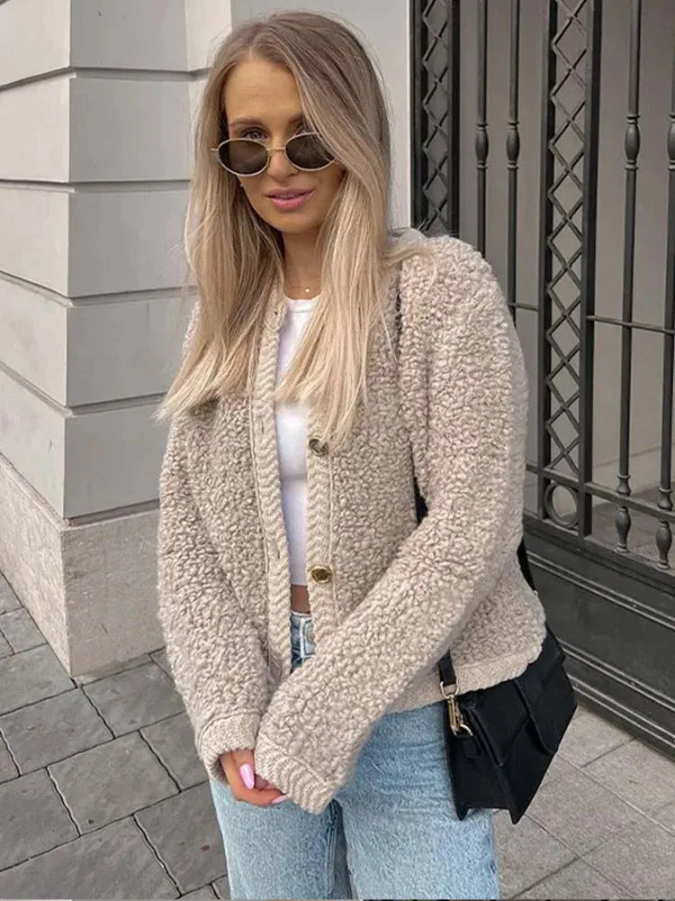 Aiertu  -  Elegant Lamb Wool Spliced Coats Women Casual O-neck Button Long Sleeve Female Jacket 2023 Autumn Winter Office Lady Commute Coat Aiertu