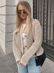 Aiertu  -  Elegant Lamb Wool Spliced Coats Women Casual O-neck Button Long Sleeve Female Jacket 2023 Autumn Winter Office Lady Commute Coat Aiertu