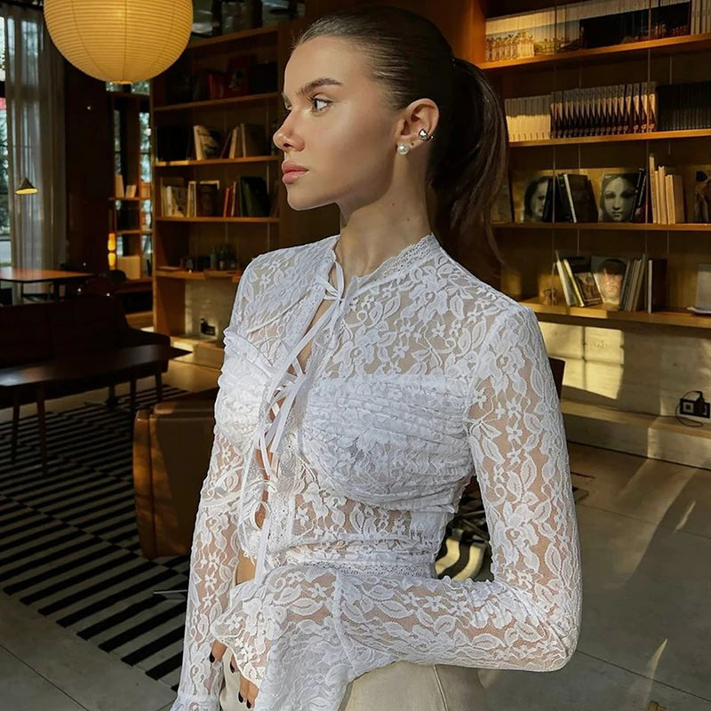 Aiertu  -  Sexy Lace Up Cardigan T-Shirt Female See Through Lace Flare Sleeve T-shirt Top Hot Girl Slim Fit Solid Splice Short Top Aiertu