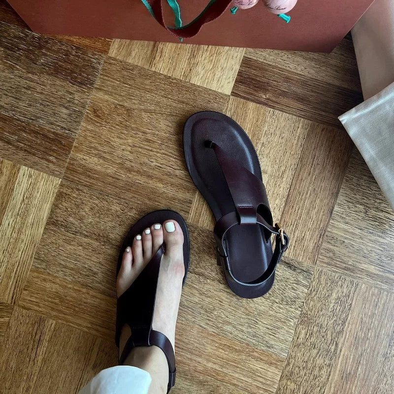 Aiertu  -  Summer Women's Sandals PU Leather Vintage Roman Flip Flops Flat Sandals Casual Streetwear Buckle Strap Ladies Shoes New 2026 Aiertu