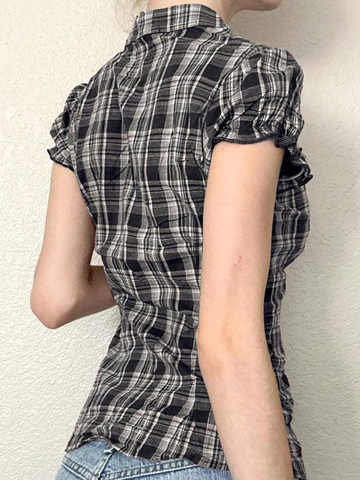 Aiertu  -  Ruffled Button-Up Puff Sleeve Plaid Top Aiertu
