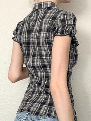 Aiertu  -  Ruffled Button-Up Puff Sleeve Plaid Top Aiertu