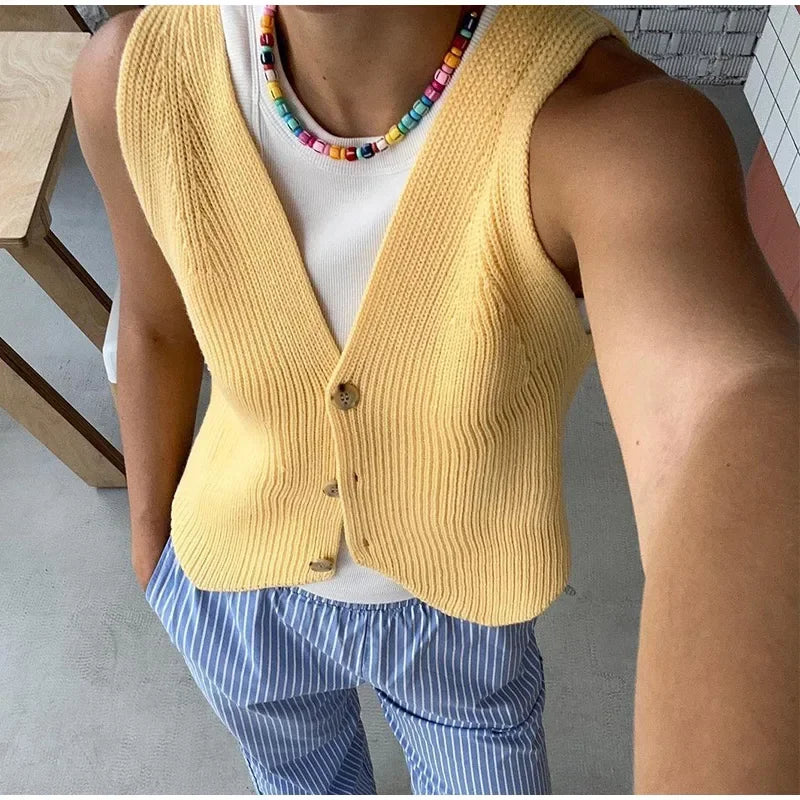 Aiertu  -  Casual Knit Crochet Vest Women Loose V-neck Single Breasted Sleeveless Waistcoat 2026 Autumn New Lady All Match Top Streetwear Aiertu