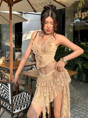 Aiertu  -  2 Piece Set Women Summer Lace-Up Low-Neck Multi-Layered Lace Collarmini Tops+Tassel Skirt Multilayer Irregular Hem Suit Aiertu