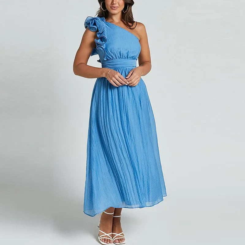 Aiertu  -  Elegant Party Dress Women Skew-collar Pleated A-line Midi Evening Dresses Female 2025 Spring Summer Casual Vacation Lady Robe Aiertu