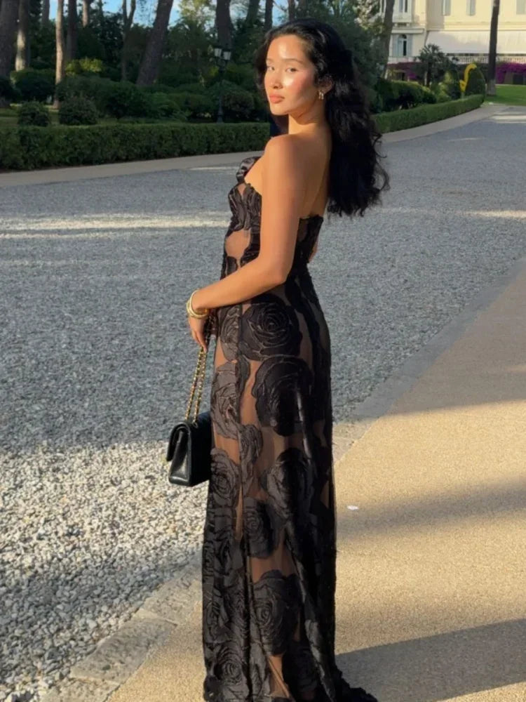 Aiertu  -  Black Rose Printed See Through Slim Long Dress Women Sexy Irregular Spaghetti Sleeveless Backless Vestidos Elegant Party Robe Aiertu