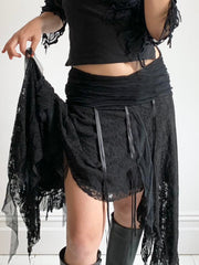 Aiertu - summer inspo Black Solid Goth Lace Midi Skirts Womens Asymmetrical Hem Chic Fashion Vacation Boho Outfits Aiertu
