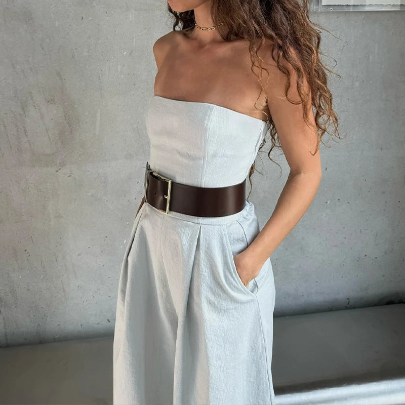Aiertu  -  Temperament Women Strapless Rompers 2025 Spring Off-shoulder Backless High-waist Folds Jumpsuits Wide Leg Pants With Belted Aiertu