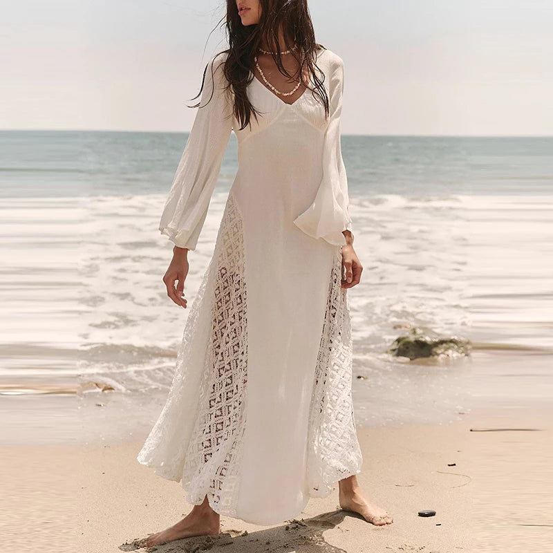 Aiertu  -  Casual Solid Flare Long Sleeved Dresses Elegant V Neck Lace Up Beach Vacation Dresses Fashion Lace Embroidery Women Long Dresses Aiertu