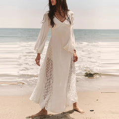 Aiertu  -  Casual Solid Flare Long Sleeved Dresses Elegant V Neck Lace Up Beach Vacation Dresses Fashion Lace Embroidery Women Long Dresses Aiertu