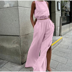 Aiertu  -  Elegant Solid Vest Pants Set Women O-neck Sleeveless Tops High Waist Side Split Trousers 2026 Summer Fashion Lady Office Outfit Aiertu