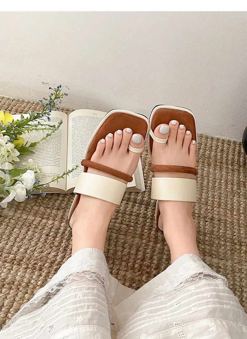 Aiertu  -  Summer Korean Style Flat Slippers New Square Head Lady Slippers Casual Outdoor Soft Non-slip One-word Cool Women Slippers Aiertu
