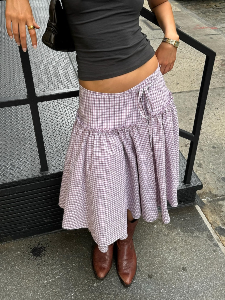 Aiertu  -  Women Y2k Low Rise Plaid Midi Skirt Lace Up Ruffle Hem A Line Skirt 90s Vintage Tie Up Gingham Tiered Skirt Going Out Streetwear Aiertu