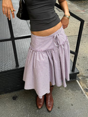 Aiertu  -  Women Y2k Low Rise Plaid Midi Skirt Lace Up Ruffle Hem A Line Skirt 90s Vintage Tie Up Gingham Tiered Skirt Going Out Streetwear Aiertu