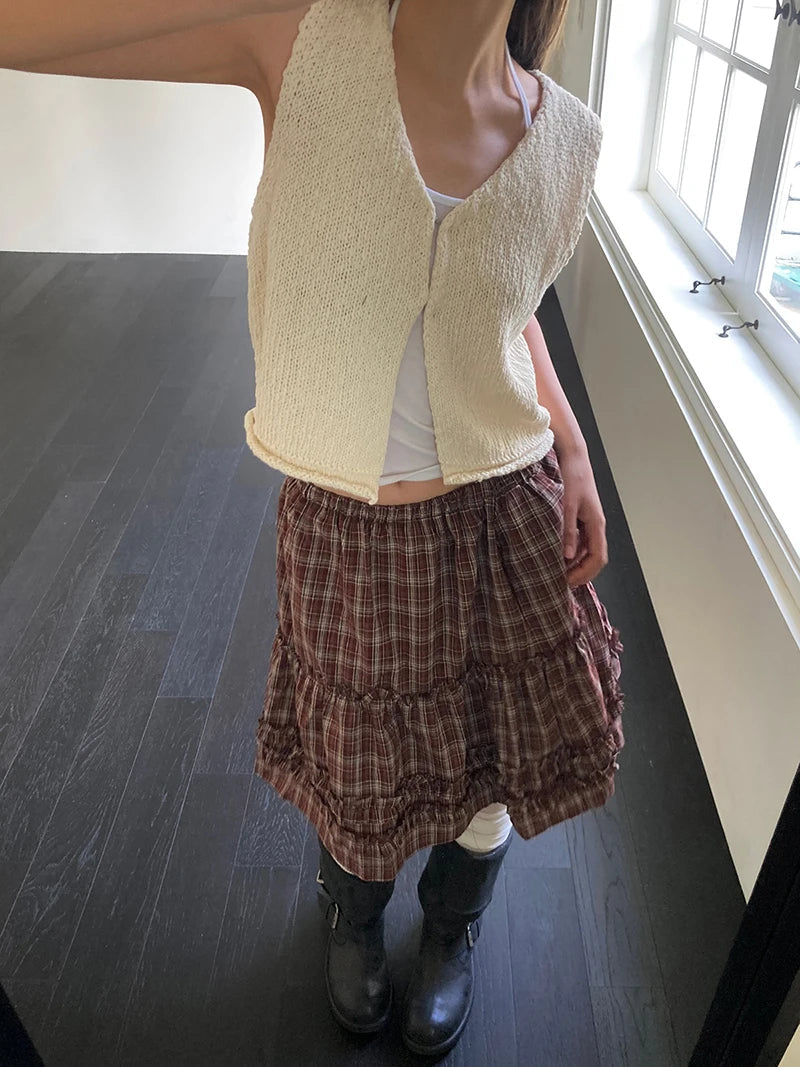 Aiertu  -  Vintage Plaid Mini Skirt Women Japanese Harajuku Ruffles Patchwork Black Skirts Summer High Waist Casual A Line Faldas New Aiertu